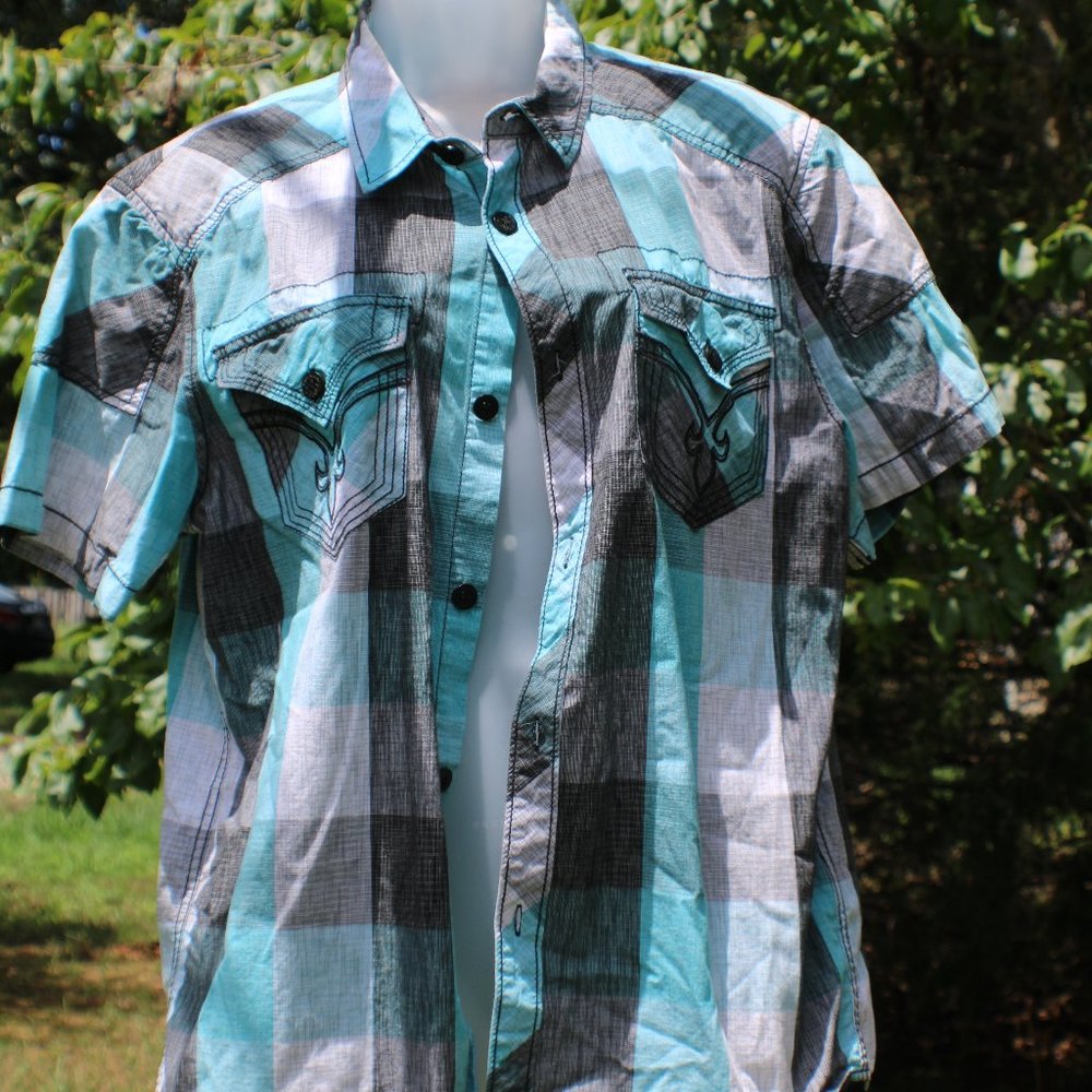 Teal Black Block Button Down Shirt MEDIUM
